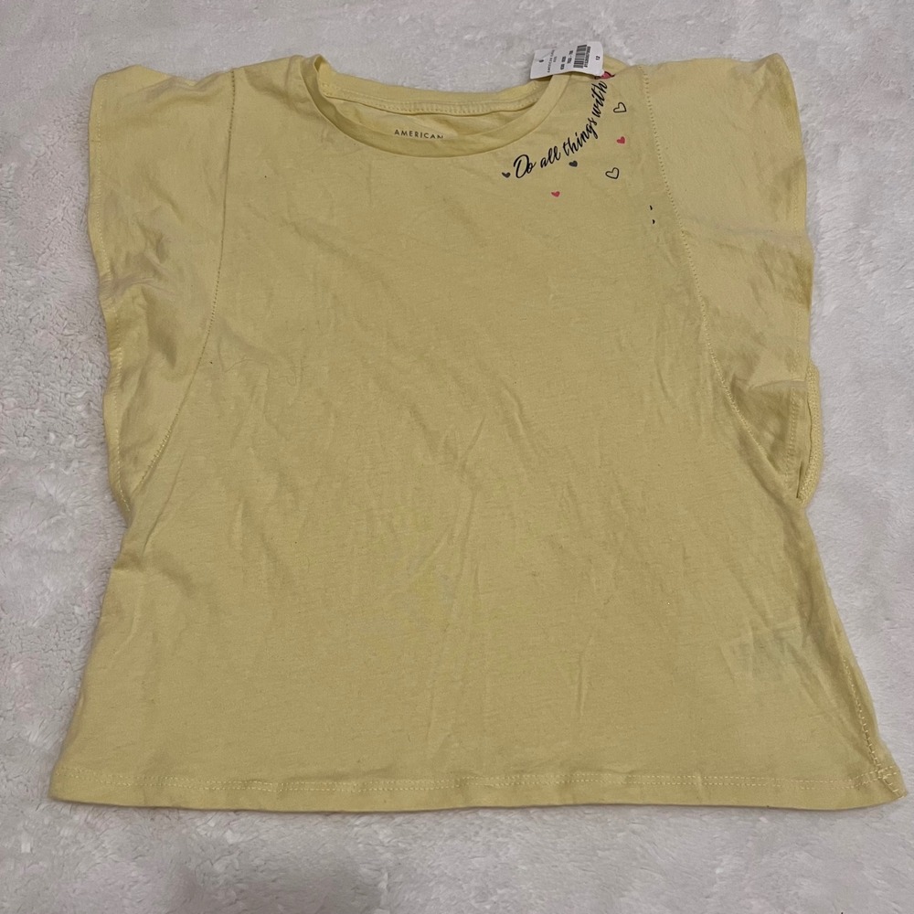 American Eagle Kids Yellow Graphic Tee Do All Things With Love Ruffle Sleeve NWT